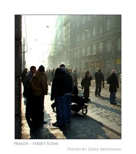 A very sureal view of a side street in Prague